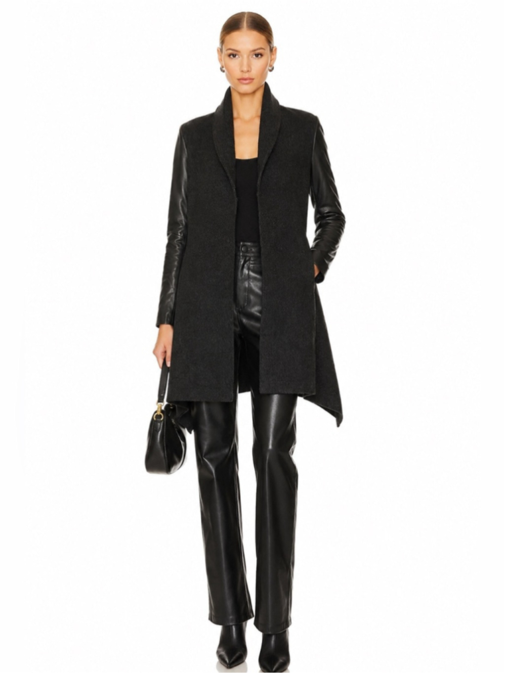 l Danier Leather Wool Coat XS Black Genuine Leather Sleeve Coat Asymmetrical Hem